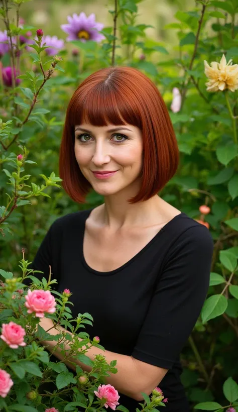 Beautiful slim woman aged 55, , squared red hair cut at the nose with ultra-short straight bangs and shaved nape,fleurs, plants,   dans le jardin , 
