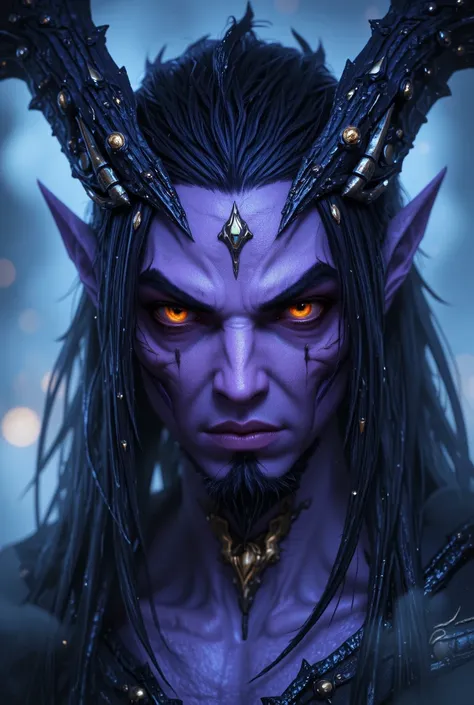  An androgynous male elf with very light purple skin, hard, square face with scars, long black hair with small metallic ornaments , predatory eyes and golden yellow color 