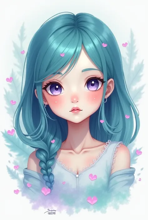 1 girl. Lilac eyes, Teal color hair. Look like Traditional Dry water color painting.