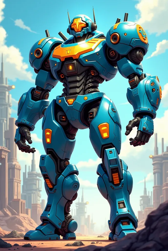 3D cartoon art. A futuristic mechanical warrior with a color scheme of blue and gold. This mechanical warrior possesses overwhelming combat power and fearsome weaponry, dominating its enemies with its formidable presence.