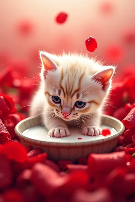 Kitten drinking milk inside rose petals
