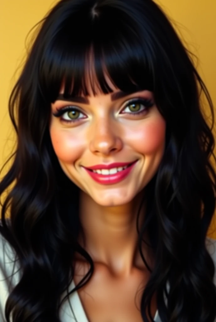 It generates an image of a Spanish girl with black hair and shoulders with bangs and dark green eyes and a beautiful smile, smooth hair and about 25 years old. 