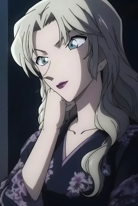 Anime female character, light gray/silver hair, (long, wavy hair:1.2), (detailed hair style:1.2), (ethnicity:1.2), (age:1.1), (young adult:1.1), (serious expression:1.2), (intense gaze:1.2), (detailed facial features:1.3), (sharp chin:1.1), (purple lipstic...