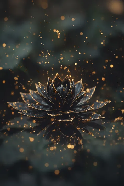 tilt shift photo of the legendary black lotus, gold particles