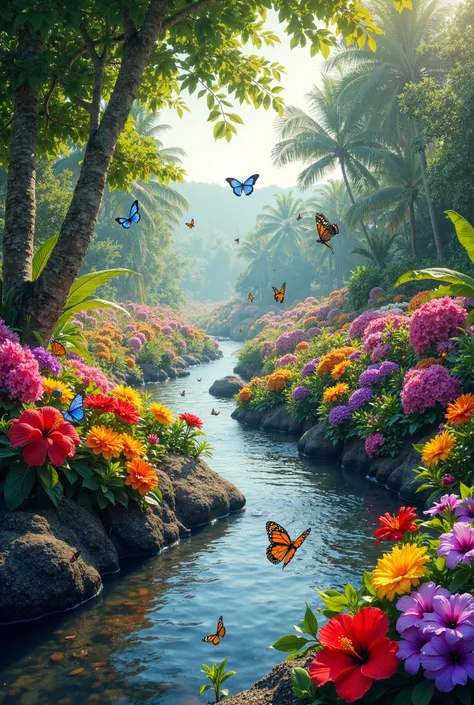 "A picturesque riverbank on a tropical island, teeming with life and color. The ground is covered with clusters of bright, colorful flowers in full bloom—red hibiscus, purple orchids, yellow daisies, and pink bougainvillea—surrounding a peaceful stream. Th...