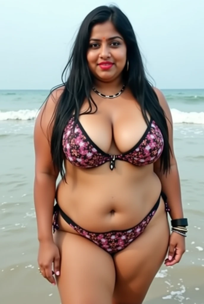 Fit, bikini wear, Big lips, full body picture , BBW Wet curvy, wet Desi woman showing her big ass  in sexy THONG pattern sexy  lingerie and showing cleavage and in nose ring, many bangles in hands,earings, necklace ,lipstick ,navel,Indian, Chubby, showing ...