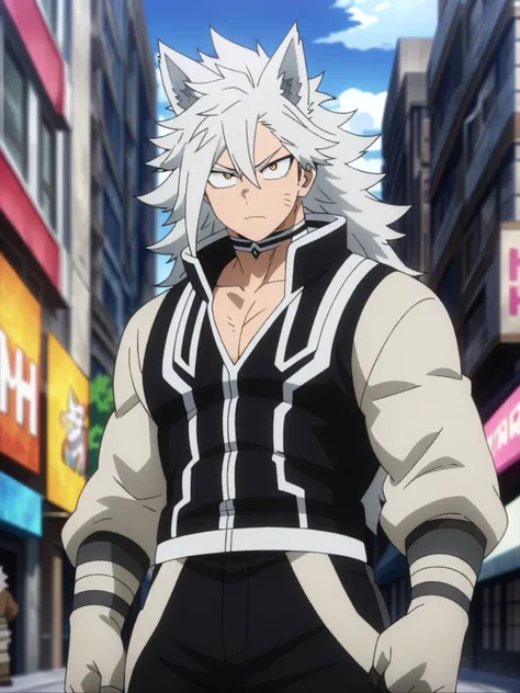 (masterpiece, best quality, anime, anime coloring:1.3, superhigh res). ((Heteromorph)), ((anthro)), ((A muscular man with long silver hair with long bangs and handsome detailed wolf head)). Big city avenue background, colorfull.

My Hero Academia character...