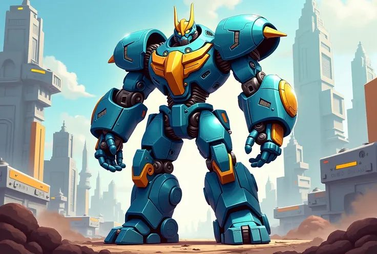 3D cartoon art. A futuristic mechanical warrior with a color scheme of blue and gold. This mechanical warrior possesses overwhelming combat power and fearsome weaponry, dominating its enemies with its formidable presence.