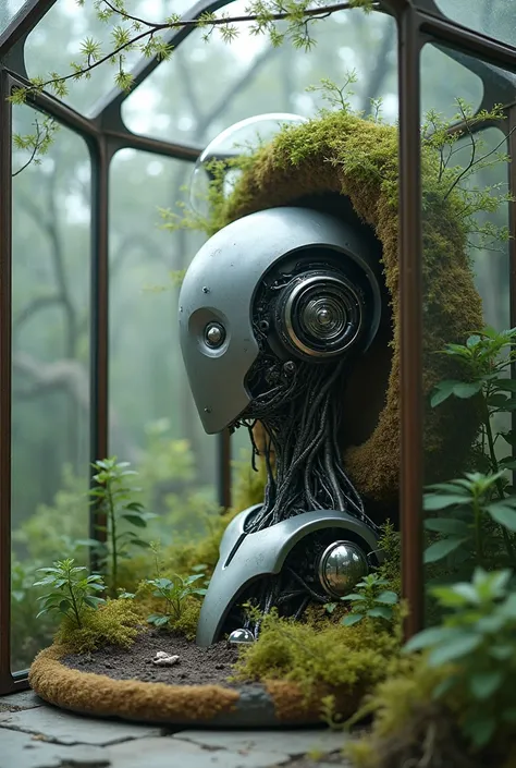 A robot head structure around a trees , trees in glass , a cushion above glass to sit , 