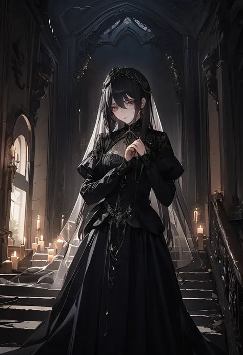 An enigmatic anime-style androgynous woman with a hauntingly beautiful presence. Their long, flowing jet-black hair partially veils their pale, porcelain-like face. Their deep, haunting eyes carry both sorrow and intensity, as if they hold ancient secrets....