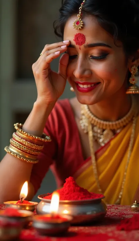 "A close-up image of a beautiful South Indian woman applying bright red kumkum on her forehead. Her fingers delicately place the kumkum, creating a perfect round bindi that symbolizes tradition and devotion. A silver or brass kumkum box (simil) filled with...