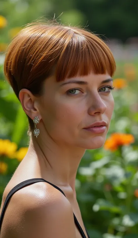 Beautiful slim woman aged 55, , squared red hair cut at the nose with straight bangs cut at the top of the forehead and shaved nape,fleurs, plants,   dans le jardin , Vie dos dos  , Zoom on the shaved nape 
