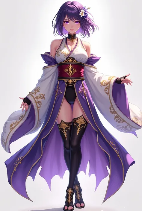 A beautiful female warrior with an elegant and mystical appearance, dressed in a detailed, traditional yet modernized kimono-style outfit. She has deep purple hair styled in a short bob with long side bangs, adorned with a delicate floral hairpin. Her shar...