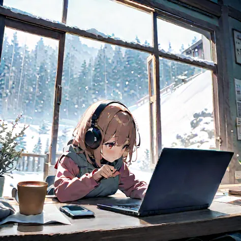 scene of woman meditating to lofi ambient music on a snowy day snow falling out the window in background. picture of hot tea on table with laptop