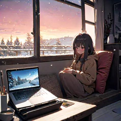 scene of woman meditating to lofi ambient music on a snowy day snow falling out the window in background. picture of hot tea on table with laptop