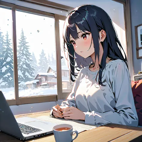 scene of woman meditating to lofi ambient music on a snowy day snow falling out the window in background. picture of hot tea on table with laptop