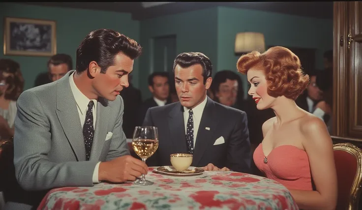  James Dean and his parents Anthony Perkins and Shirley MacLaine , sentados cenando en un comedor de una casa Of the 50 ,  in absurdly beautiful , Of the 50 .  James with Tupé brown hair ,  the greasy haired father and the brown-haired mother red.