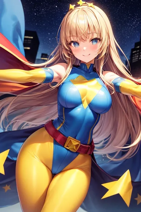 ((best quality)), ((masterpiece)), (detailed), 1 girl, 1, Smiling face, Blue eyes, Star-shaped tiara, Arms outstretched, Arms behind waist, Blue superhero mask, Blushing, Blonde hair, Straight hair, Long hair, Bangs, Hair ornaments, Star hair ornaments, Me...