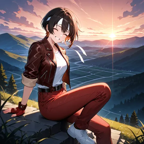 score_9, score_8_up, score_7_up,source_anime,1girl,solo,black hair,short cut,flirty eyes,eyes closed,smile,mouth open,dressed in (red-brown leather jacket with rolled up sleeves), open jacket, red-brown fingerless gloves, white T-shirt, (white headband)), ...