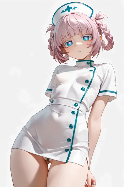 NSFW, Masterpiece, top quality, Hi-Res, very detailed that ,Nanakusa Nazuna\(Night Song\), blue eyes、Ring-shaped eyes、vampire、 pink hair with crotch,braided hair ring、 dull bangs、 short hair, Nurse, nurse clothes, miniskirt