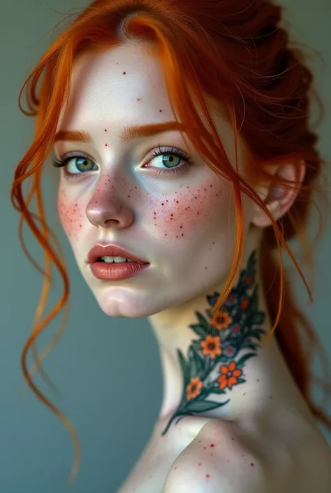  Red-haired woman , with freckles,  green eyes, realistic flower hair tattoo on her short neck profile picture 