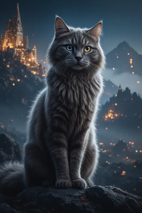 "Create an ultra-realistic, cinematic 8K render of a majestic, furry house cat named Sable. Her fur is soft and fluffy, featuring an elegant Yin-Yang pattern seamlessly blended into her coat. Her left eye has a white sclera with a black iris, while her rig...