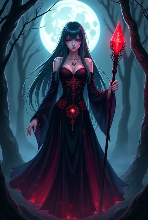  "4K anime style quality, digital drawing mode, dark fantasy-themed anime female character, long torqoise hair with blood-red streaks, piercing violet eyes, wearing a flowing dark gown adorned with arcane symbols, holding a staff with a glowing red crystal...