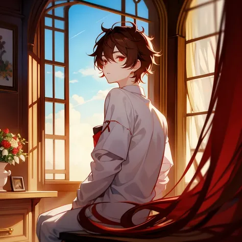   anime guy sitting on the windowsill , short chestnut-brown hair and dark red eyes.