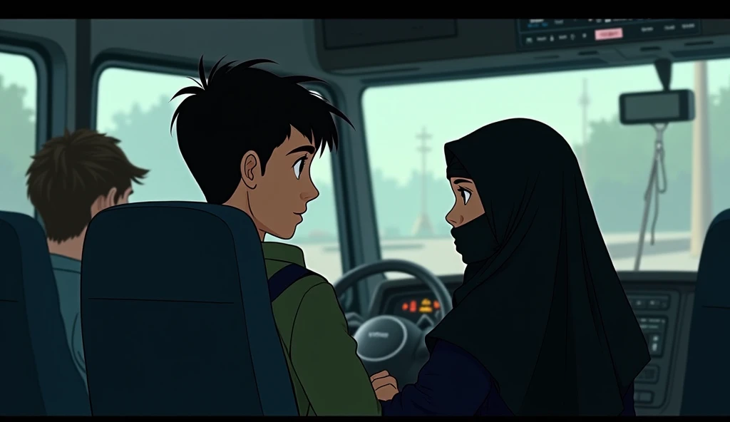 "A age boy is sitting in the driver's seat of a bus, driving it, while a age girl in a black burqa and black niqab (only her eyes visible) is sitting beside him, looking at him. The bus interior is dimly lit, with a few blurred passengers in the background...