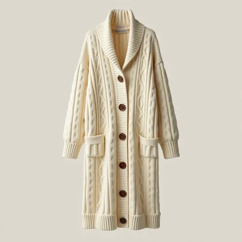 a cream-colored cable-knit cardigan with oversized buttons, shawl collar, long cozy fit, no human, professional product photography, solid background, best quality,4k,8k,highres,masterpiece:1.2,ultra-detailed,realistic,photorealistic,photo-realistic:1.37,H...