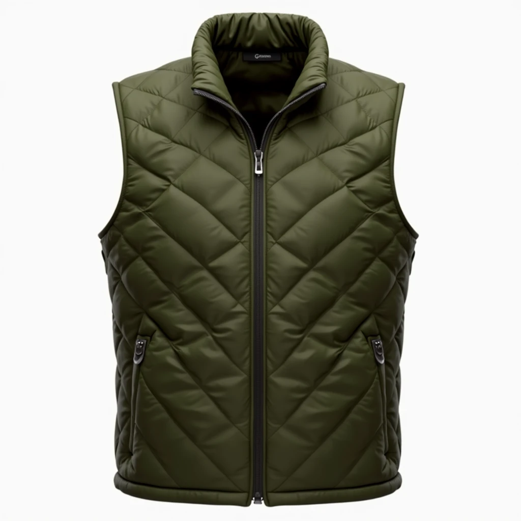 a quilted olive green vest with a diamond quilted pattern, zippered front, product photography, solid background, high quality, 8k, ultra-detailed, photorealistic, studio lighting, professional, vivid colors