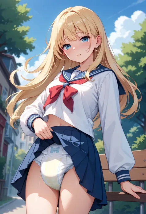  beautiful long blonde 　Girl in sailor suit 　 Long Sleeve　  pleated skirt　  miniskirt　diaper　Teary-eyed　I'm ashamed　Pee stains　 Skirt Raised　Outdoors　 stand with your crotch open 　night