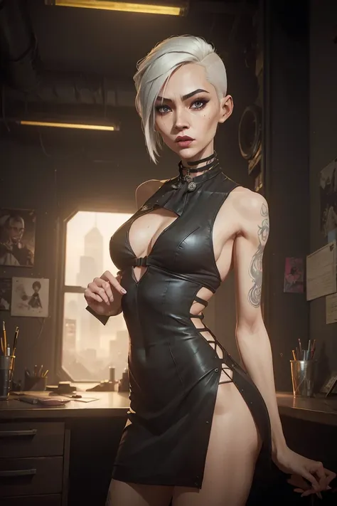 (Masterpiece:1.2, Best quality, cyberpunk), (real photo, Intricate details), (1lady, solo, Slender body, Upper body, small breast,)，sunset, old face  Experiment with appearance：Shave your head or white barbershop style short thick hair color, white hair, s...