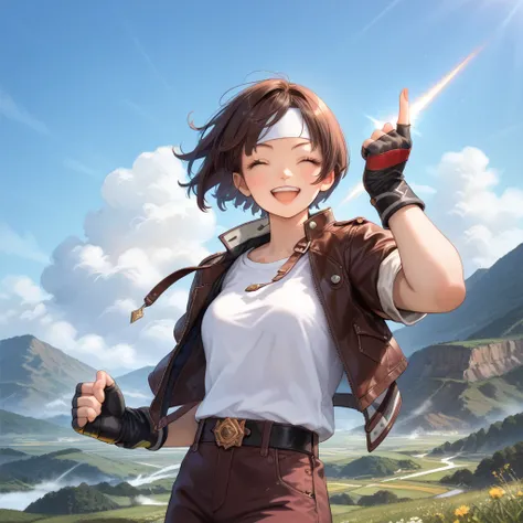 score_9, score_8_up, score_7_up,source_anime,1girl,solo,black hair,short cut,flirty eyes,eyes closed,smile,mouth open,dressed in (red-brown leather jacket with rolled up sleeves), open jacket, red-brown fingerless gloves, white T-shirt, (white headband)), ...