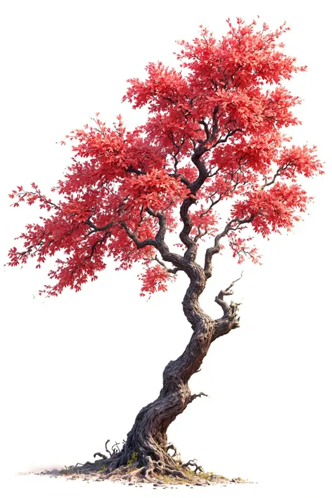 Give me a red mulberry tree design with a clean white background and the tree leaning towards right side, detailed tree, highly detailed