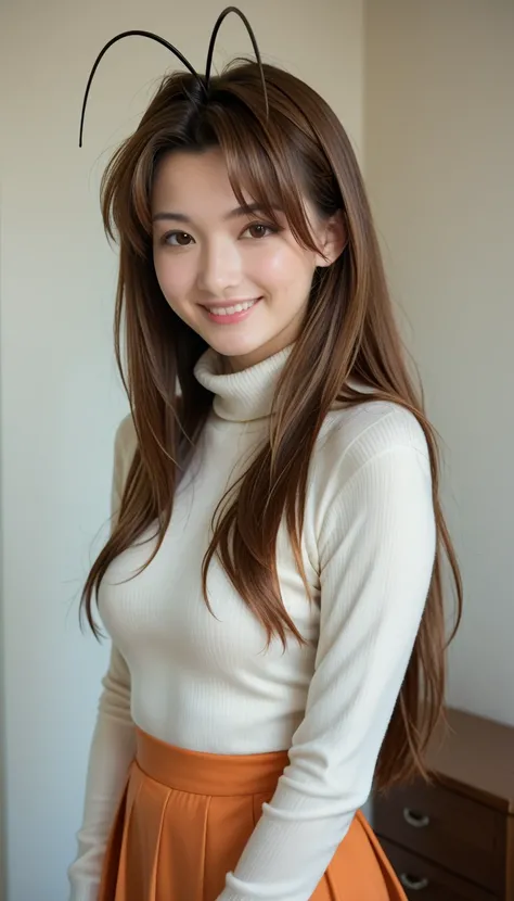 narunarusegawa, naru narusegawa, long hair, brown hair, antenna hair, realistic antenna hair, brown eyes, amazingly beautiful face, realistic japanese female face, light cosmetics, detailed face,
skirt, jewelry, pantyhose, sweater, turtleneck, orange skirt...