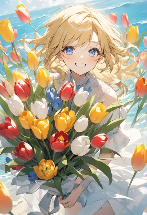 A girl with long yellow hair, the blue eyes of the ocean are smiling radiantly, on hand is a bouquet of multi-colored tulips