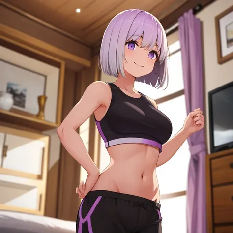 A beautiful happy purple bob short haired in white colored crop top, black athletic pants, with midriff and navel fully shown, standing in her house room.