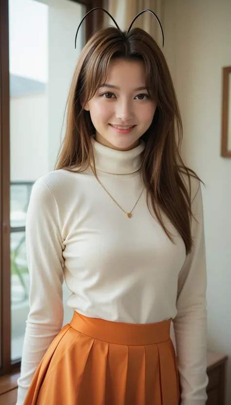 narunarusegawa, naru narusegawa, long hair, brown hair, antenna hair, realistic antenna hair, brown eyes, amazingly beautiful face, realistic japanese female face, light cosmetics, detailed face,
skirt, jewelry, pantyhose, sweater, turtleneck, orange skirt...