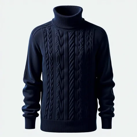 A deep navy blue thermal knit sweater with intricate cable knit detailing across the front, turtleneck design, ribbed cuffs, chunky knit texture, product photography, solid background, (best quality, 4k, 8k, highres, masterpiece:1.2), ultra-detailed, (real...