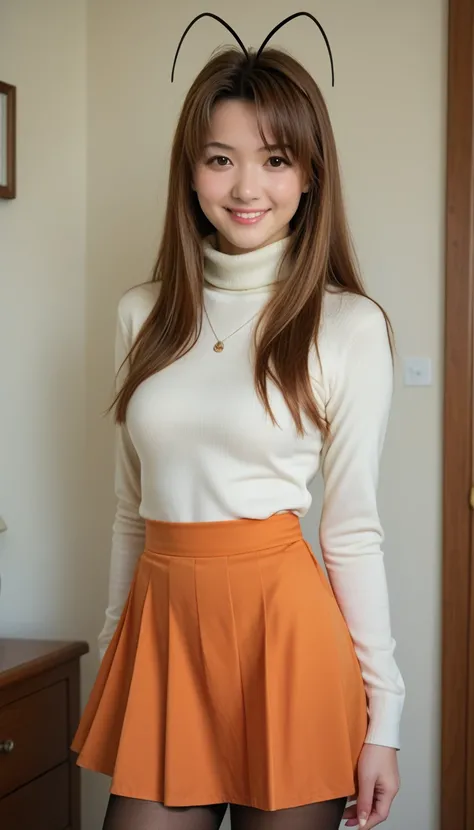 narunarusegawa, naru narusegawa, long hair, brown hair, antenna hair, realistic antenna hair, brown eyes, amazingly beautiful face, realistic japanese female face, light cosmetics, detailed face,
skirt, jewelry, pantyhose, sweater, turtleneck, orange skirt...