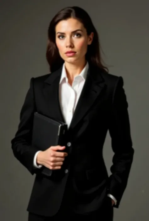 a female wearing black tuxedo and a shirt as she holds a folder up to her chest