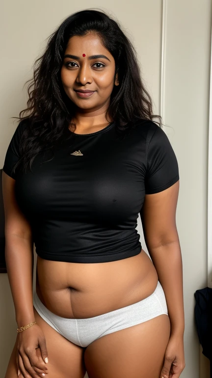 South Indian aunty, black skin, sweaty body, dishevelled hair, curvy, in a tight t shirt, looking at camera sexy