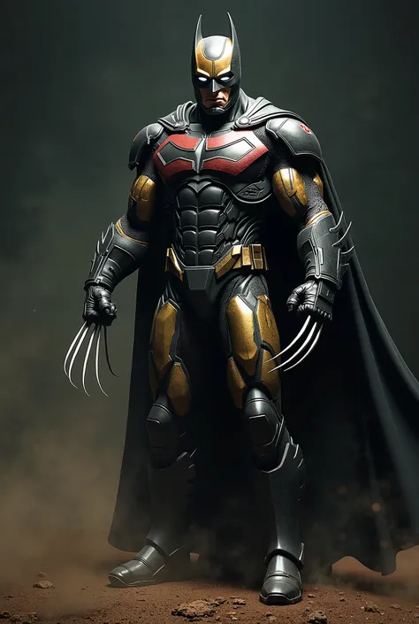 Bat man as Iron man, iron man suit, with wolverine claws, Hulk body, full body, dusty, with iron man technology, serious look, super realistic, skin details, photorealistic, raw ptoto, attack, attackmode, angry, minor details, superhero pose, new suit, hig...