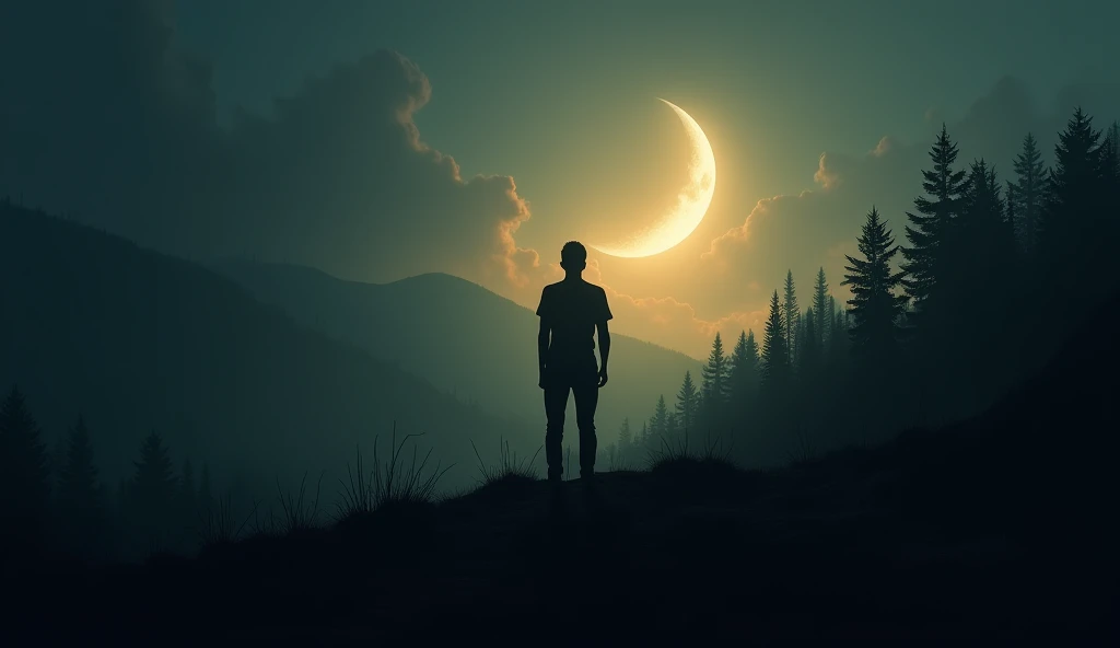 "An individual standing tall, looking up at the rising crescent moon on the horizon. The person is emerging from a dark, shadowy forest or valley, symbolizing the emergence from past struggles into a new era of personal growth and transformation. Soft ligh...