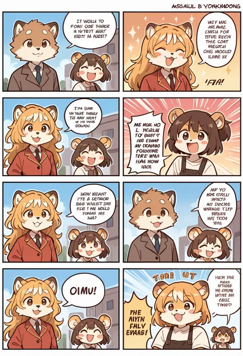 cover_page, highres, four-panel comics, four-frame cartoons, Yonkoma Manga, speech balloon, English text, Hand-drawn sound effects stickers used in comic, top quality, best quality, paid reward available, High-quality illustrations, unparalleled masterpiec...