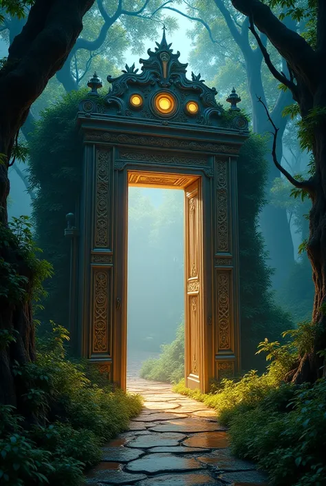 A beautiful elevator opened its door in a dark forest.