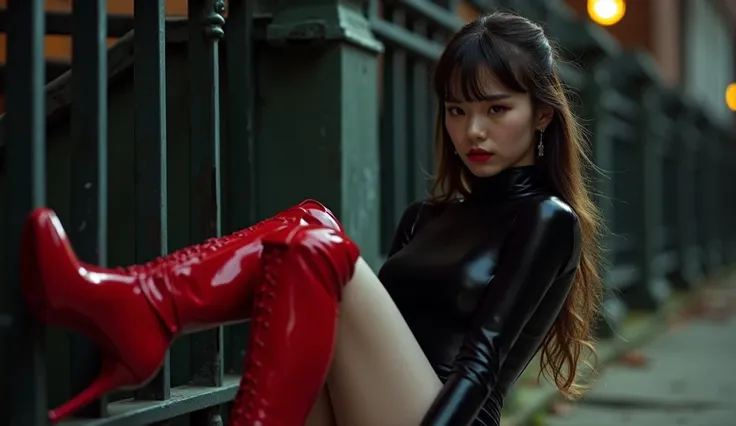 High viewing angle, Chinese Girl, Height 140 cm,   cute small foot size 33 ,   full-body black latex bodysuit  ,  Exquisite eyebrows,  big eyes, Pointed chin, Fair skin tone, 45° facing the audience ， shady New York street ， The girl was thrown in the tras...