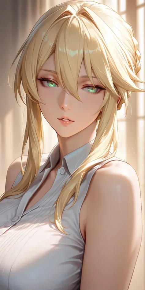 Masterpiece, very aesthetic, vibrant, high contrast, elegant mature woman, artoria pendragon (lancer) (fate), upper body, curvaceous,sleeveless collae shirt, seductive, parted lips, soft light, best quality, semrealistic, honkai: star rail cg style