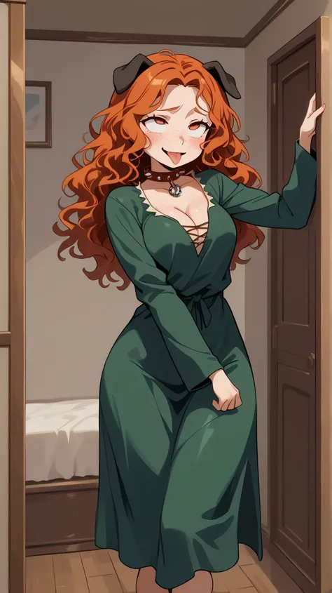 Woman in a player's room , closed mouth ,Alone , 1 girl, breasts,  wry smile, black dog ears,   spiked necklace ,  red collar , Ahegao Face, red eyes,  Tongue out, MeridaXLP, freckles,cleavage, wavy hair, full front shoot, Wearing a green robe set,  long l...